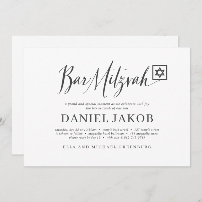 Bar Mitzvah Classic Script Moderne Typografie Einladung (Vorne/Hinten)