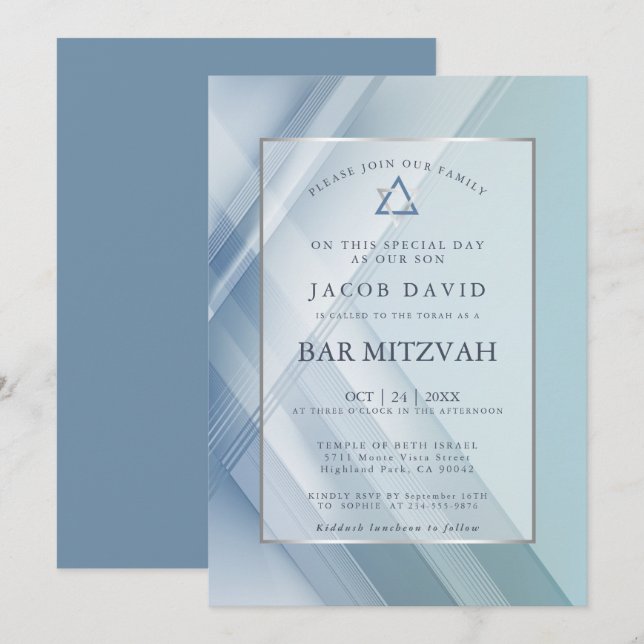 Bar Mitzvah Classic Shades of Blue Geometric Lines Einladung (Vorne/Hinten)