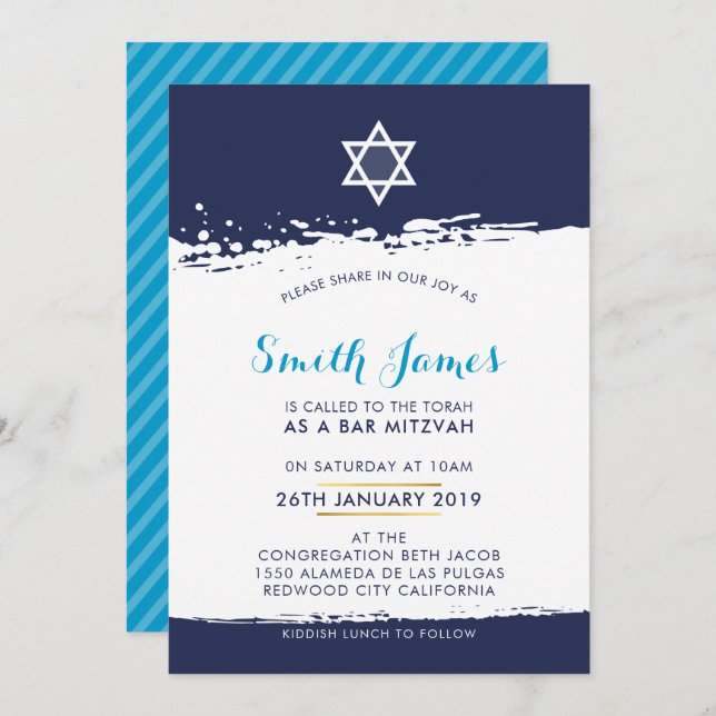 BAR MITZVAH cool modern zwischen Pinselstrich blau Einladung (Vorne/Hinten)