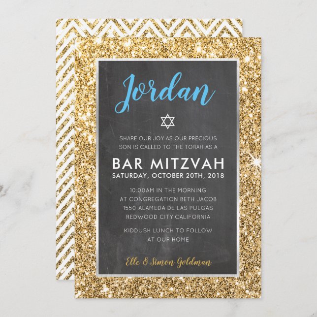 BAR MITZVAH cooler Schalkpappgold Glitzer einladen Einladung (Vorne/Hinten)