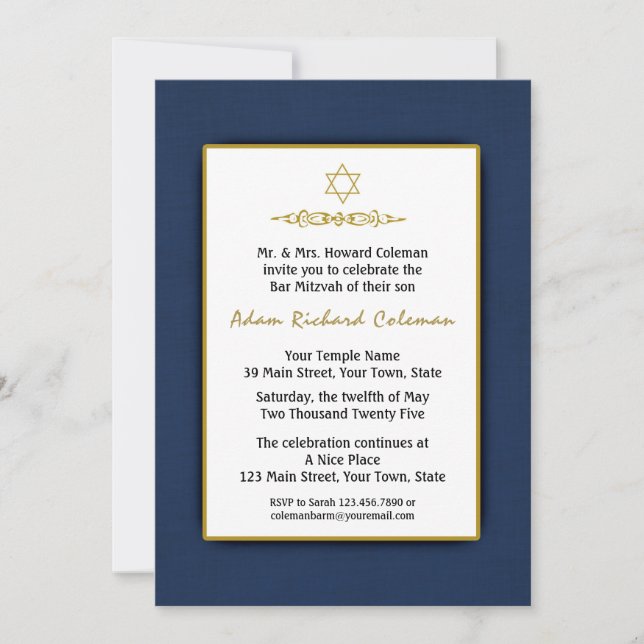 Bar Mitzvah Dark Blue und Gold Einladung (Vorderseite)