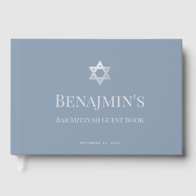 Bar Mitzvah Dusty Blue Faux Silver Star of David  Gästebuch (Vorderseite)