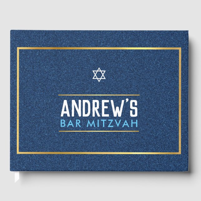 BAR MITZVAH Edelgold denim blue aqua Gästebuch (Vorderseite)