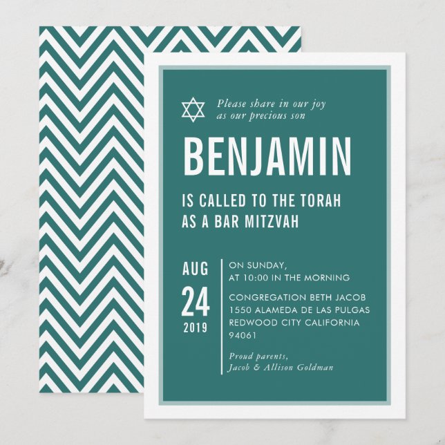 BAR MITZVAH, einfach, modern, grün Einladung (Vorne/Hinten)