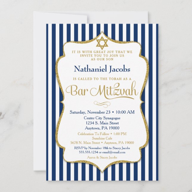 Bar Mitzvah Einladung Navy Blue Gold Elegant (Vorderseite)