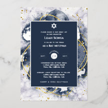 Bar Mitzvah Einladung Real Foil Agate Gold Blue