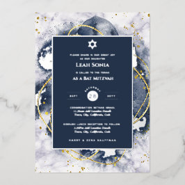 Bar Mitzvah Einladung Real Foil Agate Gold Blue