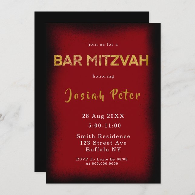 Bar Mitzvah Einladungen zu Black and Burgund Smoke (Vorne/Hinten)