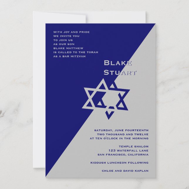 Bar Mitzvah Einladungs-Blake-Blau-Silber Einladung (Vorderseite)