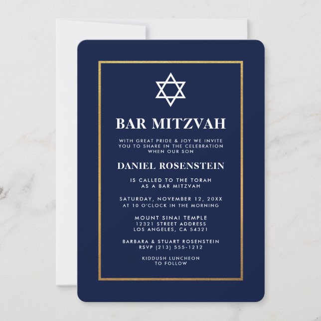 Bar Mitzvah Elegante Einladung Blau und Gold (Vorderseite)