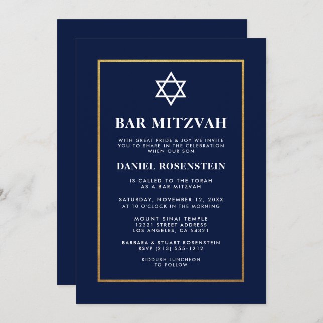 Bar Mitzvah Elegante Einladung Blue Gold (Vorne/Hinten)