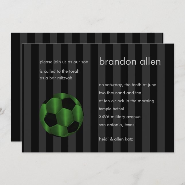 Bar Mitzvah Emerald Green und Black Soccer Ball Einladung (Vorne/Hinten)