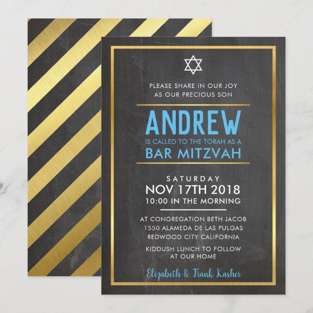 BAR MITZVAH Fett-Typ Goldkalkplatte Blau Einladung (Vorne/Hinten)