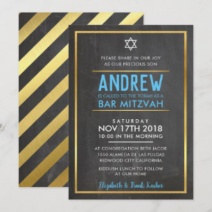 BAR MITZVAH Fett-Typ Goldkalkplatte Blau Einladung
