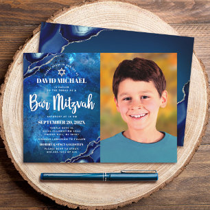 Bar Mitzvah Foto Blue Galaxy Watercolor Agate Einladung