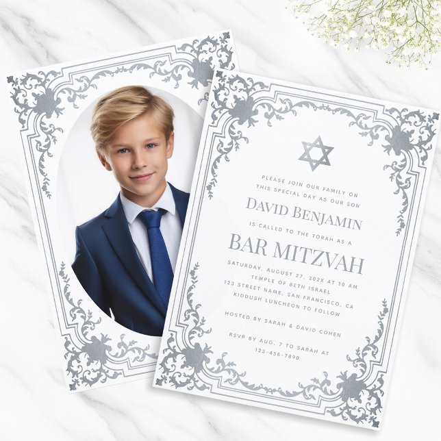 Bar Mitzvah Foto Imitats Silver Star Elegant Verzi Einladung (Von Creator hochgeladen)