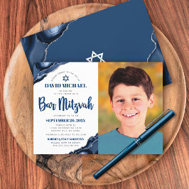Bar Mitzvah Foto Modern Navy Blue Agate Script Einladung