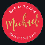 BAR MITZVAH für moderne rote Goldkalligraphie Runder Aufkleber<br><div class="desc">durch kat massard Aufkleber Siegel für Ihr Kind Bar / Bat Mitzvah - als Umschlag Aufkleber oder Gefallen zu verwenden,  um den Empfang zu verkleiden.</div>