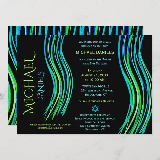 Bar Mitzvah Gebet Shawl Bright Neon Green Einladung (Vorne/Hinten)