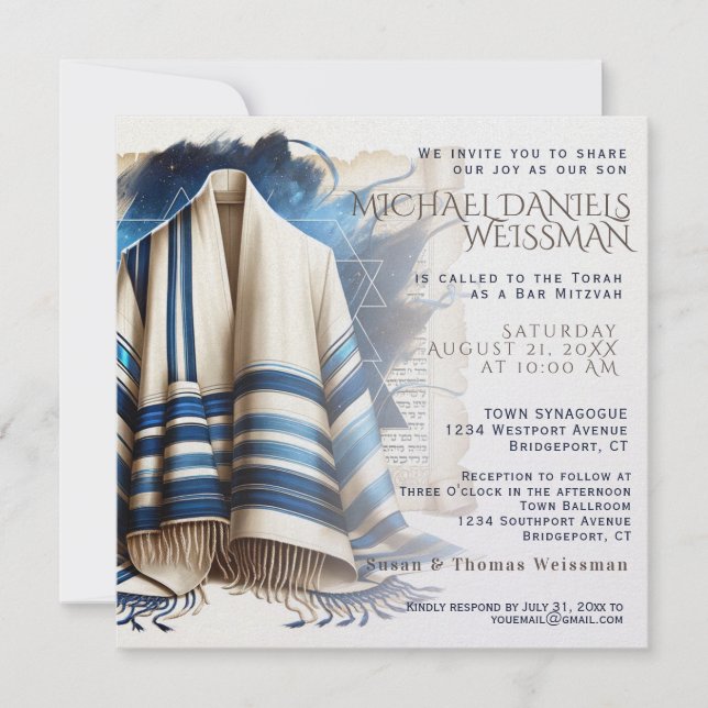 Bar Mitzvah Gebet Shawl Scroll Einladung (Vorderseite)