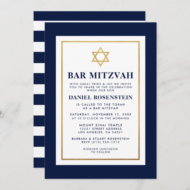 Bar Mitzvah Gold Blau und Weiß Streifen Einladung (Vorne/Hinten)
