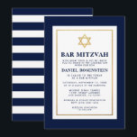 Bar Mitzvah Gold Blau und Weiß Streifen Einladung<br><div class="desc">Bar Mitzvah Blue White Gold Einladungskarte - Goldener Stern,  zurückgestreift</div>