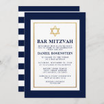 Bar Mitzvah Gold Blau und Weiß Streifen Einladung<br><div class="desc">Bar Mitzvah Blue White Gold Einladungskarte - Goldener Stern,  zurückgestreift</div>