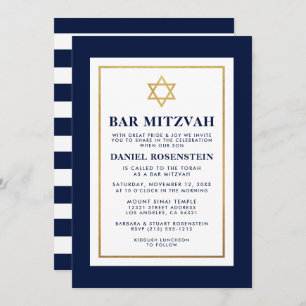 Bar Mitzvah Gold Blau und Weiß Streifen Einladung