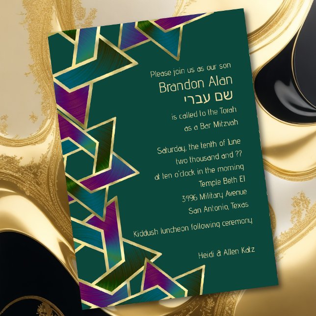 Bar Mitzvah Gold Lila Blue Green Star von David Einladung (Von Creator hochgeladen)
