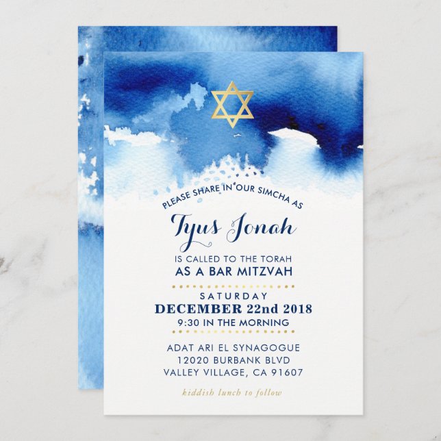 BAR MITZVAH goldener Stern Stilblauer Aquarell TYU Einladung (Vorne/Hinten)