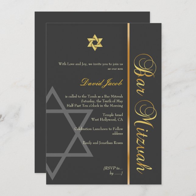 BAR MITZVAH GRAPHITE/GOLD/DIY FARBE EINLADUNG (Vorne/Hinten)
