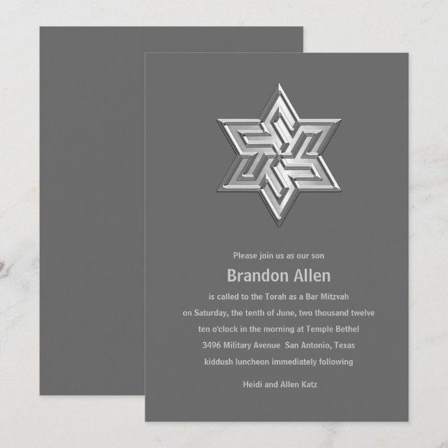 Bar Mitzvah Gray Tones Star von David Einladung (Vorne/Hinten)