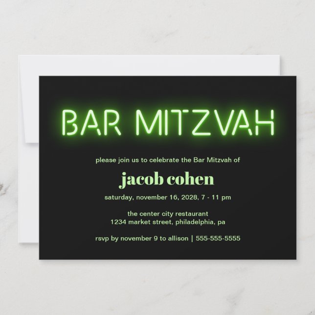 Bar Mitzvah Green Neon Lights Einladung (Vorderseite)