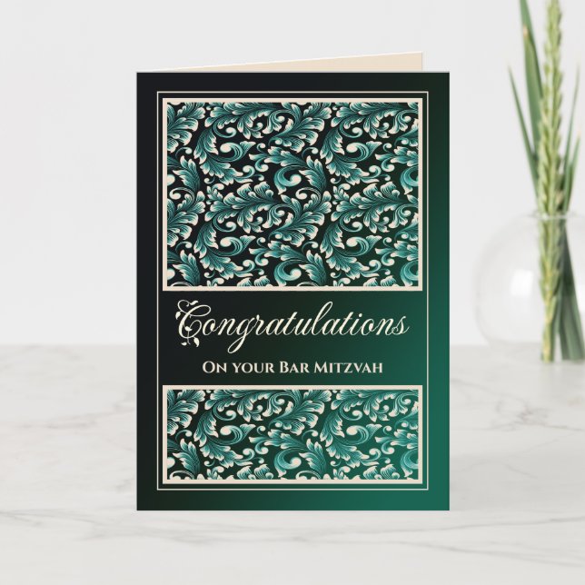 Bar Mitzvah Herzlichen Glückwunsch Damask Green Ca Dankeskarte (Vorderseite)
