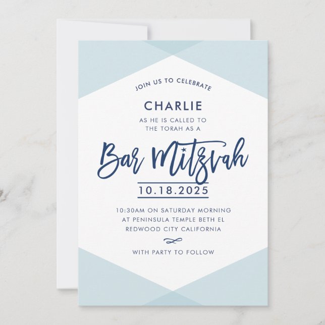 BAR MITZVAH INVITE handsignierte Marine blass Einladung (Vorderseite)