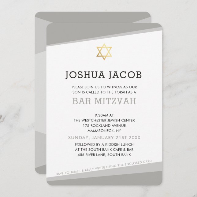 BAR MITZVAH INVITE Modernes cooles Grau Einladung (Vorne/Hinten)