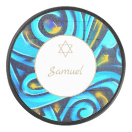 Bar Mitzvah Jewish Modern Blue Pattern Eishockey Puck