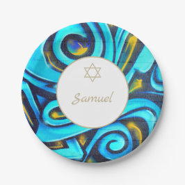 Bar Mitzvah Jewish Modern Blue Pattern Pappteller