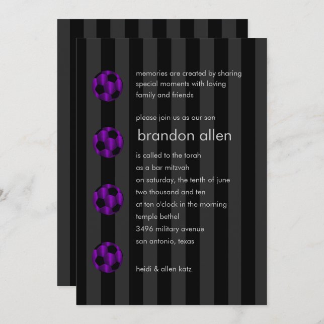 Bar Mitzvah Lila und Black Soccer Ball Einladung (Vorne/Hinten)