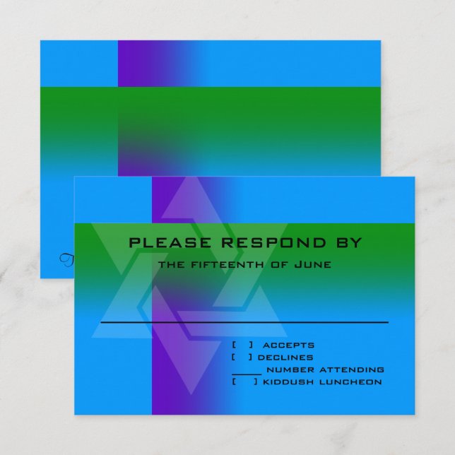 Bar Mitzvah Lila und grün auf jeder Farbe RSVP Karte (Vorne/Hinten)