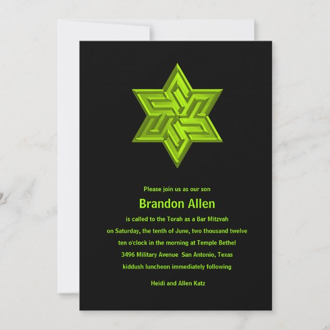 Bar Mitzvah Lime Green auf Schwarz, Star von David Einladung (Vorderseite)