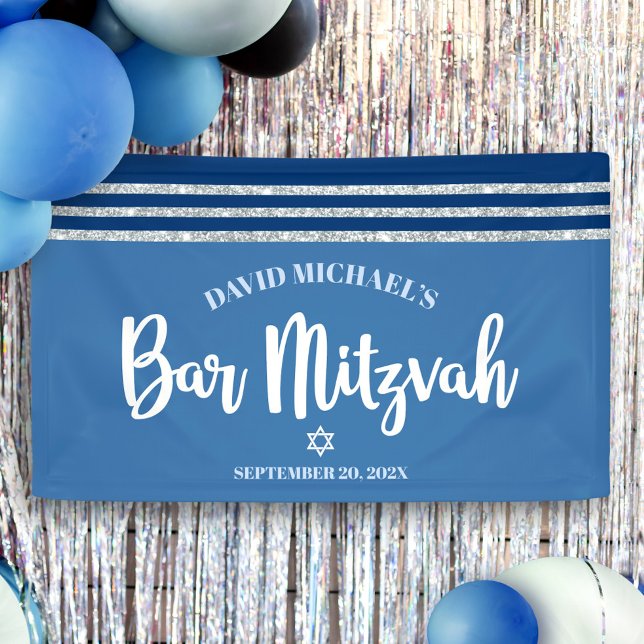 Bar Mitzvah Modern Blue Silver Tallit Bold Script Banner (Von Creator hochgeladen)