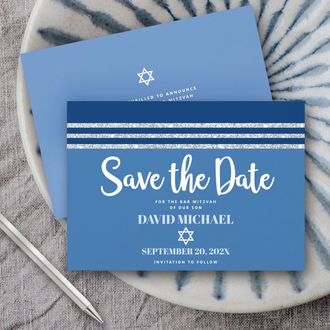 Bar Mitzvah Modern Bold Blue Silver Tallit Script Save The Date (Von Creator hochgeladen)