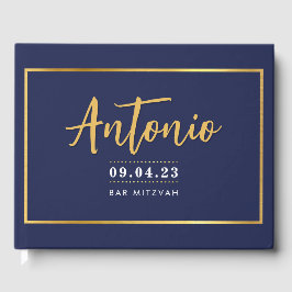 BAR MITZVAH modern faux gold name calligraphy navy Gästebuch