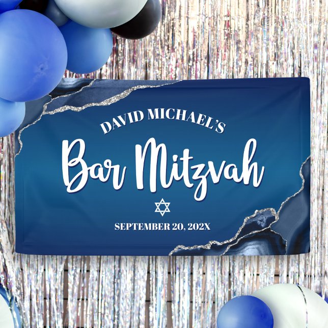 Bar Mitzvah Modern Navy Blue Ombre Agate Script Banner (Von Creator hochgeladen)