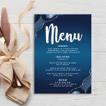 Bar Mitzvah Modern Navy Blue Ombre Agate Script Menükarte<br><div class="desc">Seien Sie stolz, freuen Sie sich und präsentieren Sie diesen Meilenstein Ihres Lieblings-Bar Mitzvah mit einer Feier, auf die Sie stolz sein können! Lassen Sie sich von dieser atemberaubenden, modernen Speisekarte mit Party verzaubern. Weiße Kalligraphie-Schrift, kühn weiße Typografie und stählerne, blaue Age-Felsen mit Imitaten, silbernen Venen, die alle einen tiefmarineblau-ombre-Hintergrund...</div>