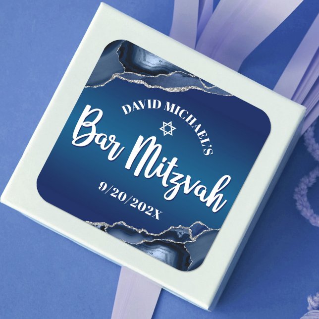 Bar Mitzvah Modern Navy Blue Ombre Agate Script Quadratischer Aufkleber (Von Creator hochgeladen)