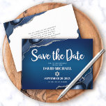 Bar Mitzvah Modern Navy Blue Ombre Agate Script Save The Date<br><div class="desc">Achten Sie darauf, dass alle Ihre Freunde und Verwandten den Meilenstein Ihres Sohnes Bar Mitzvah feiern können! Versenden Sie diese coole, einzigartige, moderne, personalisierte "Save the Date" Anzeigenkarte. Die Typografie der weißen Schrift und der Star of David überlagern einen tiefmarineblau ombre Hintergrund mit Stahlblau-Age mit silbernen Imitaten Akzente. Ihre individuelle...</div>