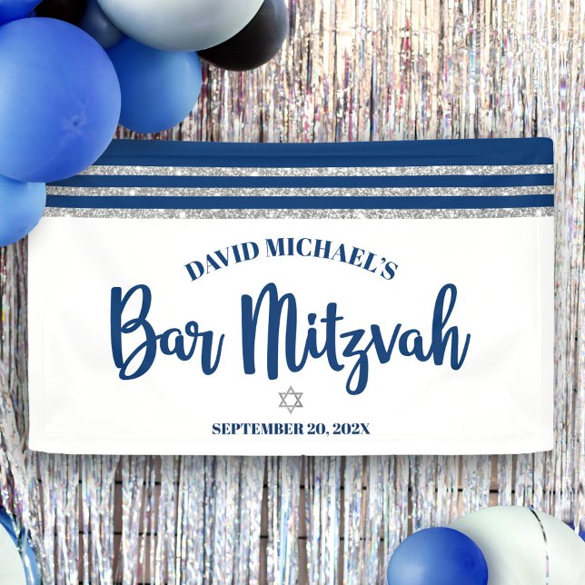 Bar Mitzvah Modern Navy Blue Silver Tallit Script Banner (Von Creator hochgeladen)