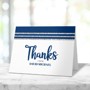 Bar Mitzvah Modern Navy Blue Silver Tallit Script Dankeskarte